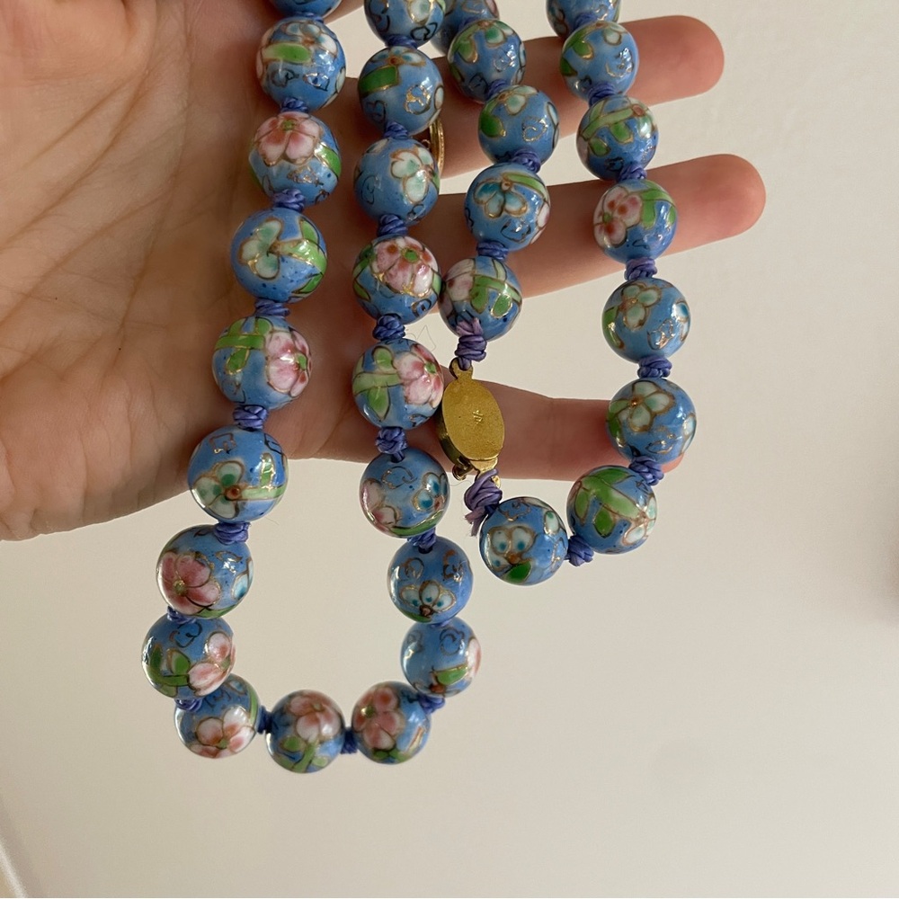 Mid Century Chinese Export Baby Blue Cloisonne Enamel Glass Gold Filled Necklace - Picture 7 of 9